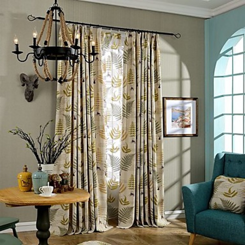 Two Panels Country Leaf Brown Green Bedroom Linen Cotton Blend Panel Curtains Drapes  